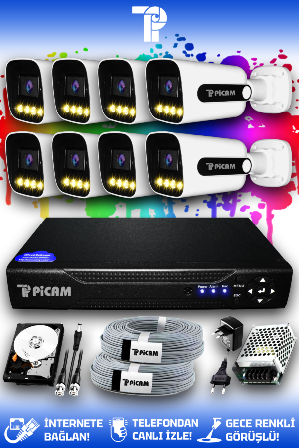 8 Kameralı Zebra 8 Dış Kamera Set 1 TB HDD Full HD Renkli Gece Görüşlü Güvenlik Kamerası Sistemi