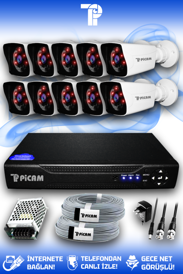 10 Kameralı Kare 10 Dış Kamera Set HDD'siz Full HD Gece Görüşlü Güvenlik Kamerası Sistemi