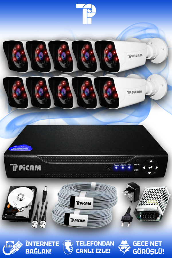 10 Kameralı Kare 10 Dış Kamera Set 1 TB HDD Full HD Gece Görüşlü Güvenlik Kamerası Sistemi