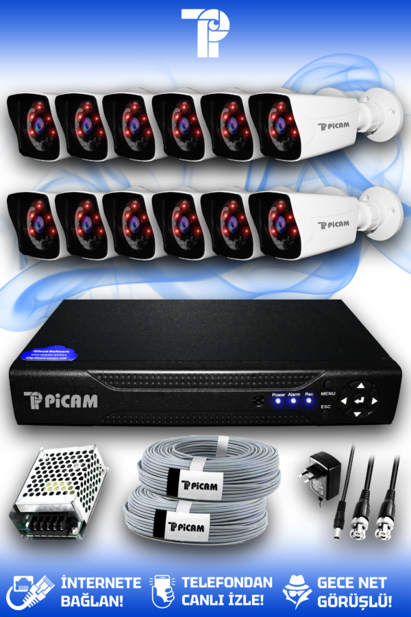 12 Kameralı Kare 12 Dış Kamera Set HDD'siz Full HD Gece Görüşlü Güvenlik Kamerası Sistemi