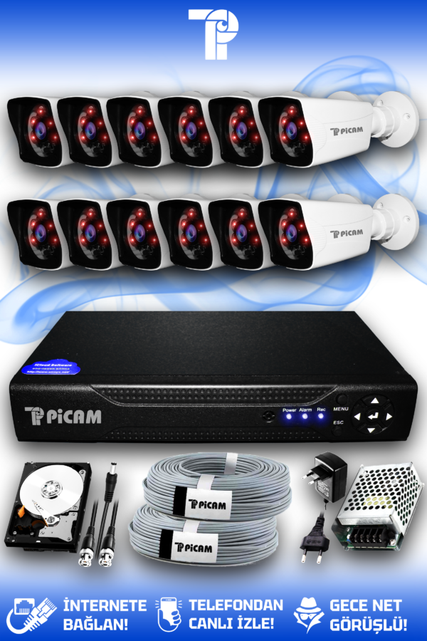 12 Kameralı Kare 12 Dış Kamera Set 250 GB HDD Full HD Gece Görüşlü Güvenlik Kamerası Sistemi