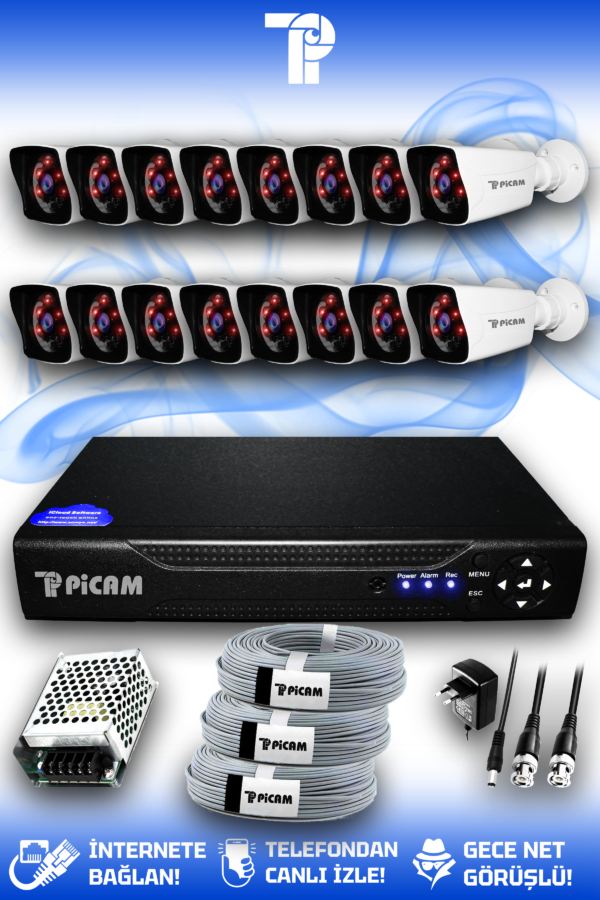 16 Kameralı Kare 16 Dış Kamera Set HDD'siz Full HD Gece Görüşlü Güvenlik Kamerası Sistemi