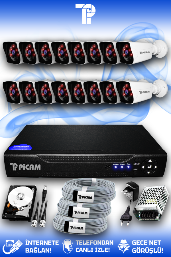 16 Kameralı Kare 16 Dış Kamera Set 1 TB HDD Full HD Gece Görüşlü Güvenlik Kamerası Sistemi