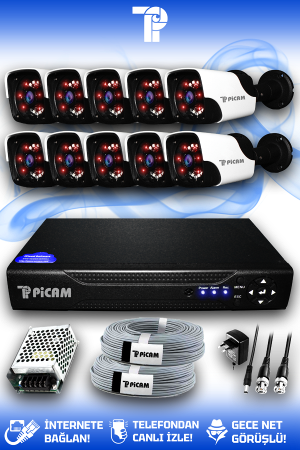 10 Kameralı Panda 10 Dış Kamera Set HDD'siz Full HD Gece Görüşlü Güvenlik Kamerası Sistemi
