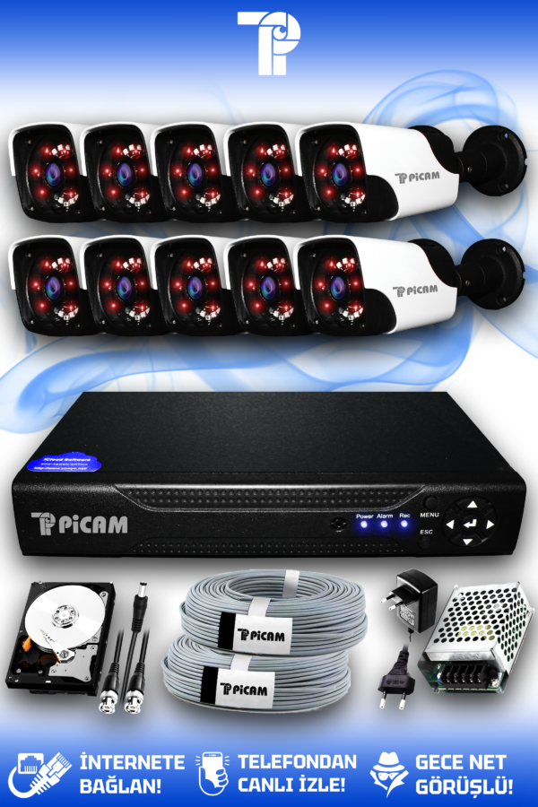 10 Kameralı Panda 10 Dış Kamera Set 320 GB HDD Full HD Gece Görüşlü Güvenlik Kamerası Sistemi
