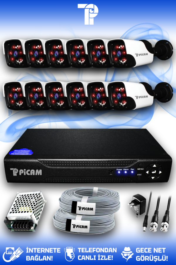 12 Kameralı Panda 12 Dış Kamera Set HDD'siz Full HD Gece Görüşlü Güvenlik Kamerası Sistemi