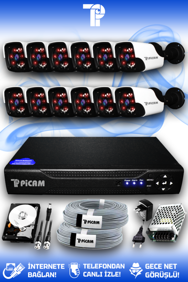 12 Kameralı Panda 12 Dış Kamera Set 1 TB HDD Full HD Gece Görüşlü Güvenlik Kamerası Sistemi