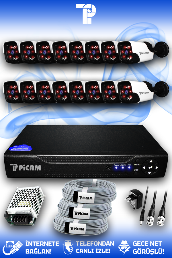 16 Kameralı Panda 16 Dış Kamera Set HDD'siz Full HD Gece Görüşlü Güvenlik Kamerası Sistemi