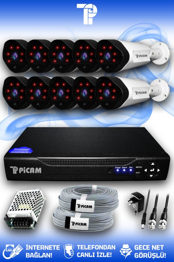 10 Kameralı Uzay 10 Dış Kamera Set HDD'siz Full HD Gece Görüşlü Güvenlik Kamerası Sistemi