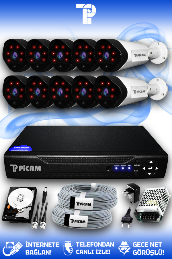 10 Kameralı Uzay 10 Dış Kamera Set 1 TB HDD Full HD Gece Görüşlü Güvenlik Kamerası Sistemi