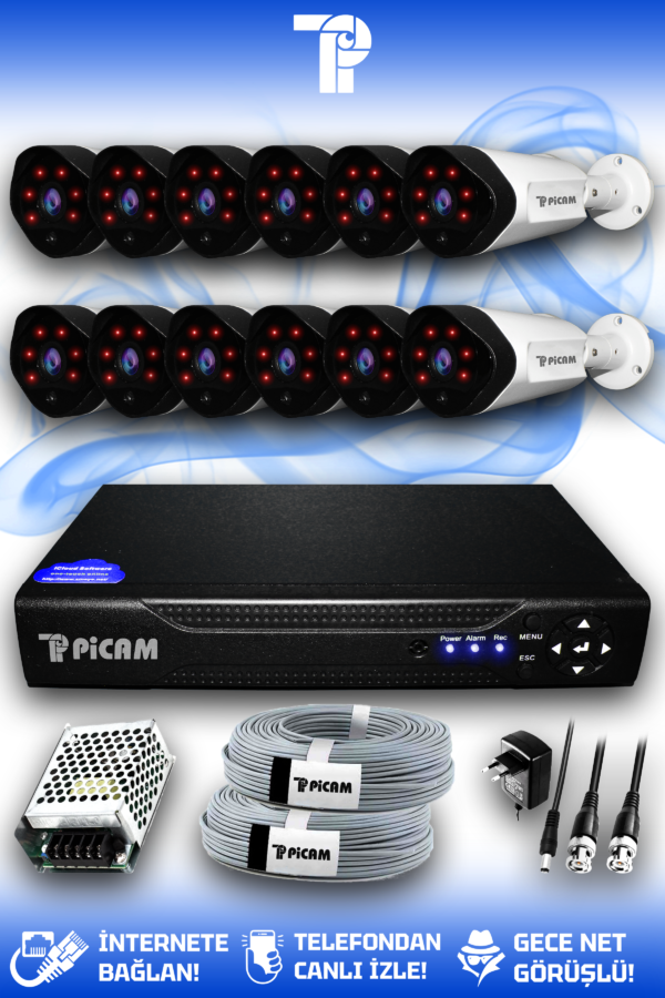 12 Kameralı Uzay 12 Dış Kamera Set HDD'siz Full HD Gece Görüşlü Güvenlik Kamerası Sistemi