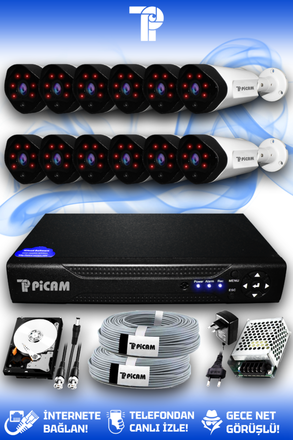 12 Kameralı Uzay 12 Dış Kamera Set 1 TB HDD Full HD Gece Görüşlü Güvenlik Kamerası Sistemi