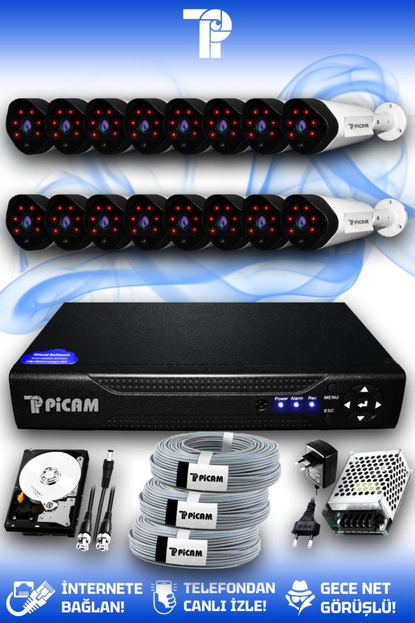 16 Kameralı Uzay 16 Dış Kamera Set 250 GB HDD Full HD Gece Görüşlü Güvenlik Kamerası Sistemi
