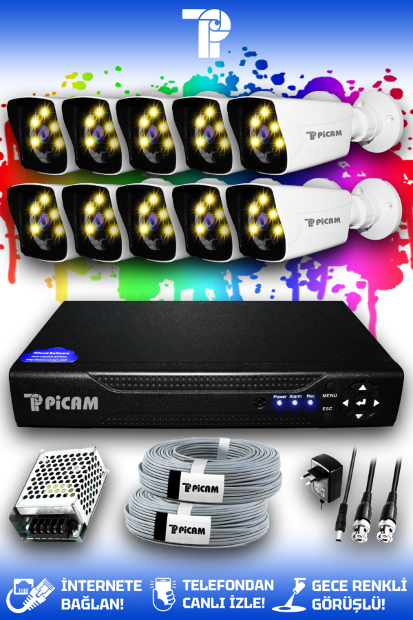 10 Kameralı Kare 10 Dış Kamera Set HDD'siz Full HD Renkli Gece Görüşlü Güvenlik Kamerası Sistemi