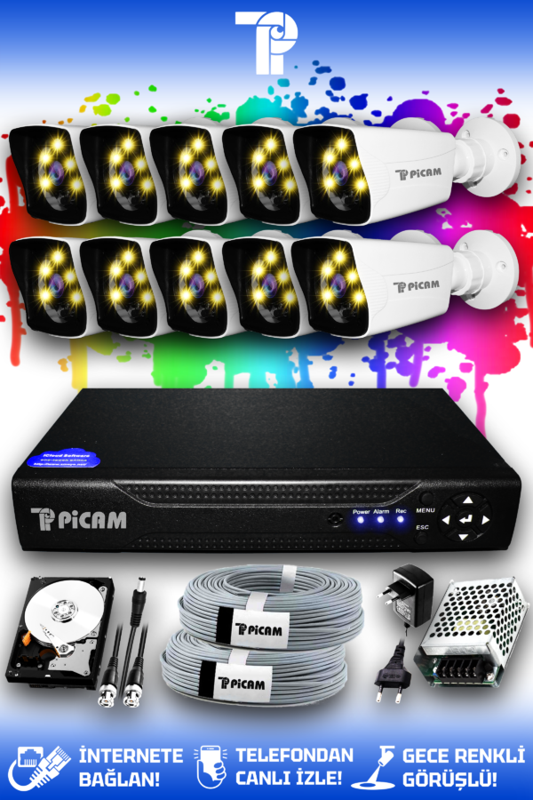 10 Kameralı Kare 10 Dış Kamera Set 1 TB HDD Full HD Renkli Gece Görüşlü Güvenlik Kamerası Sistemi