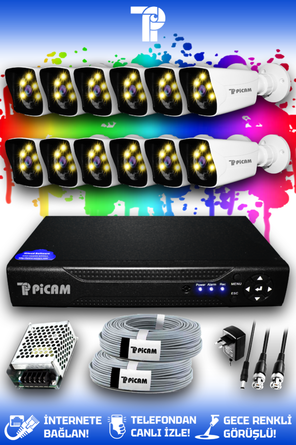 12 Kameralı Kare 12 Dış Kamera Set HDD'siz Full HD Renkli Gece Görüşlü Güvenlik Kamerası Sistemi