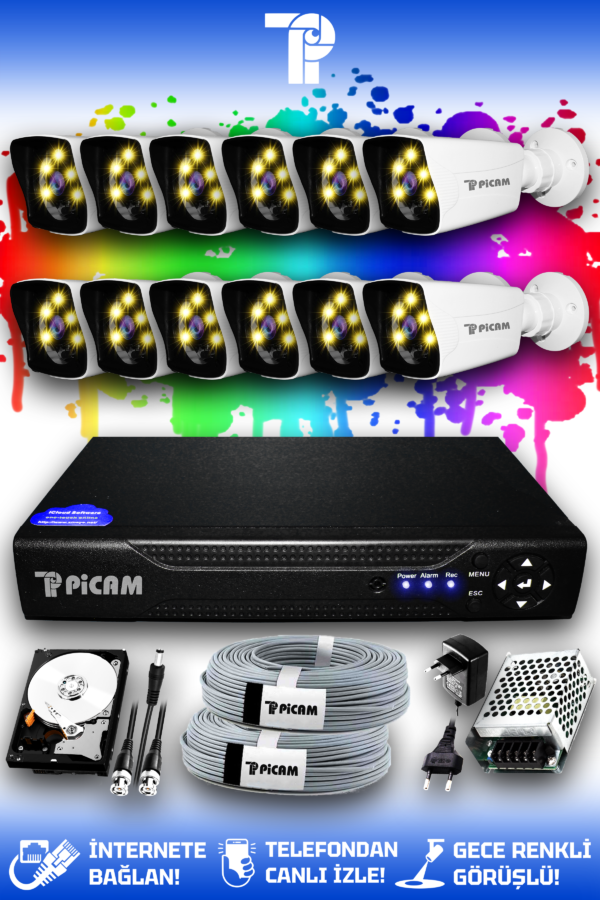 12 Kameralı Kare 12 Dış Kamera Set 100 GB HDD Full HD Renkli Gece Görüşlü Güvenlik Kamerası Sistemi