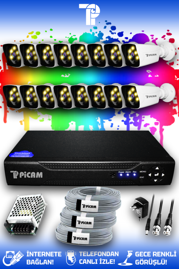 16 Kameralı Kare 16 Dış Kamera Set HDD'siz Full HD Renkli Gece Görüşlü Güvenlik Kamerası Sistemi