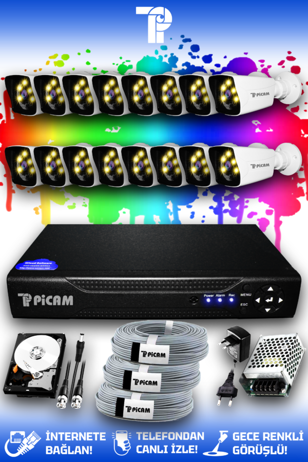 16 Kameralı Kare 16 Dış Kamera Set 2 TB HDD Full HD Renkli Gece Görüşlü Güvenlik Kamerası Sistemi