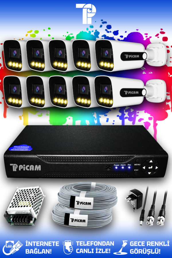 10 Kameralı Zebra 10 Dış Kamera Set HDD'siz Full HD Renkli Gece Görüşlü Güvenlik Kamerası Sistemi
