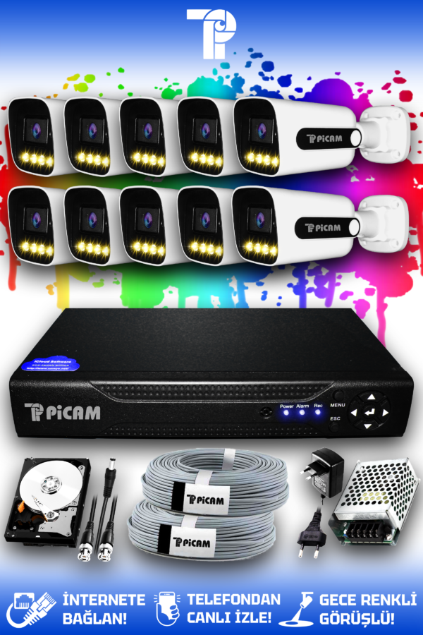 10 Kameralı Zebra 10 Dış Kamera Set 320 GB HDD Full HD Renkli Gece Görüşlü Güvenlik Kamerası Sistemi