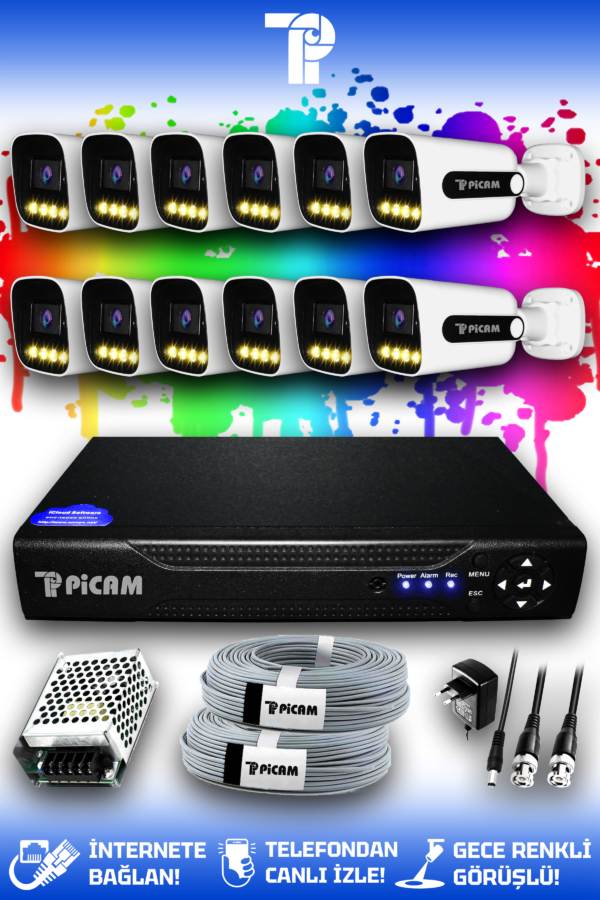 12 Kameralı Zebra 12 Dış Kamera Set HDD'siz Full HD Renkli Gece Görüşlü Güvenlik Kamerası Sistemi