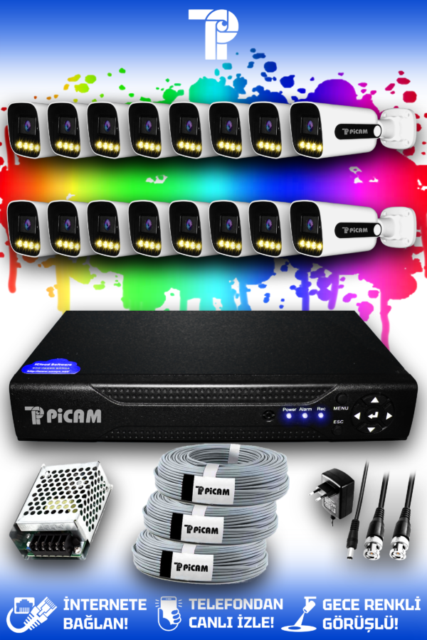16 Kameralı Zebra 16 Dış Kamera Set HDD'siz Full HD Renkli Gece Görüşlü Güvenlik Kamerası Sistemi