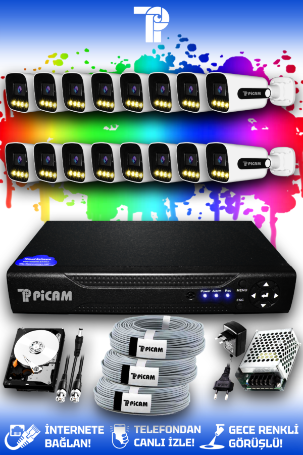 16 Kameralı Zebra 16 Dış Kamera Set 2 TB HDD Full HD Renkli Gece Görüşlü Güvenlik Kamerası Sistemi