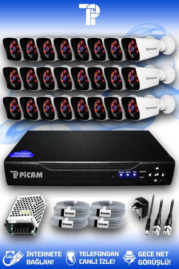 24 Kameralı Kare 24 Dış Kamera Set HDD'siz Full HD Gece Görüşlü Güvenlik Kamerası Sistemi