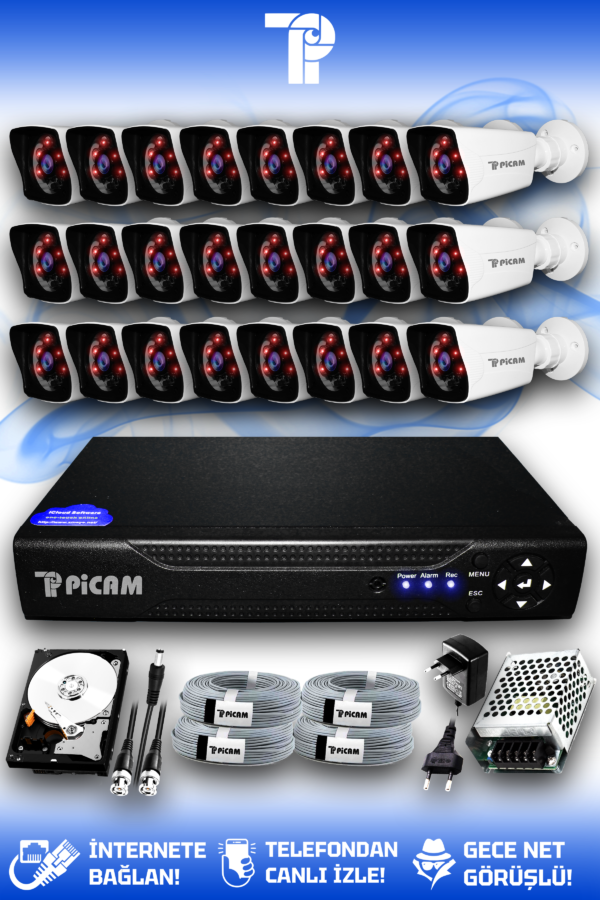 24 Kameralı Kare 24 Dış Kamera Set 1 TB HDD Full HD Gece Görüşlü Güvenlik Kamerası Sistemi