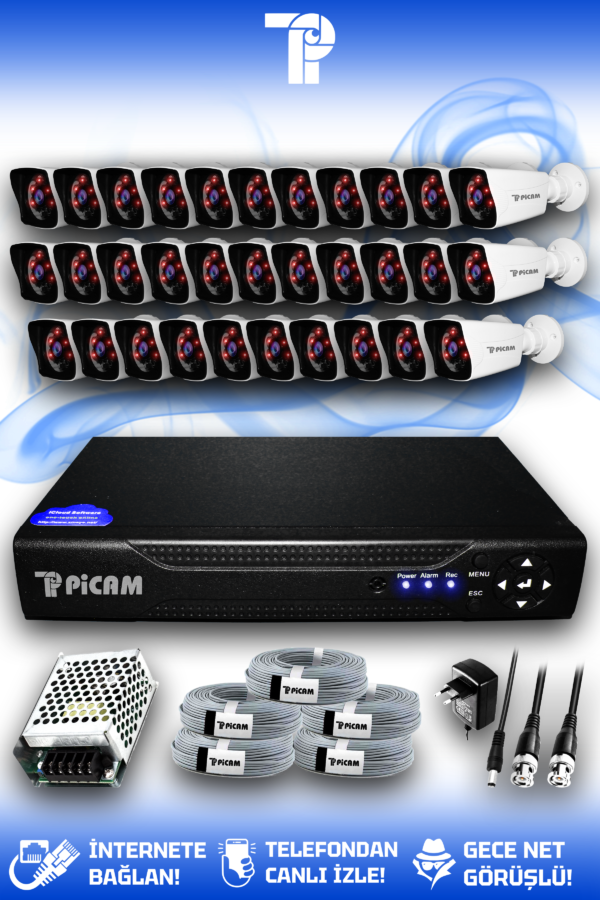 32 Kameralı Kare 32 Dış Kamera Set HDD'siz Full HD Gece Görüşlü Güvenlik Kamerası Sistemi