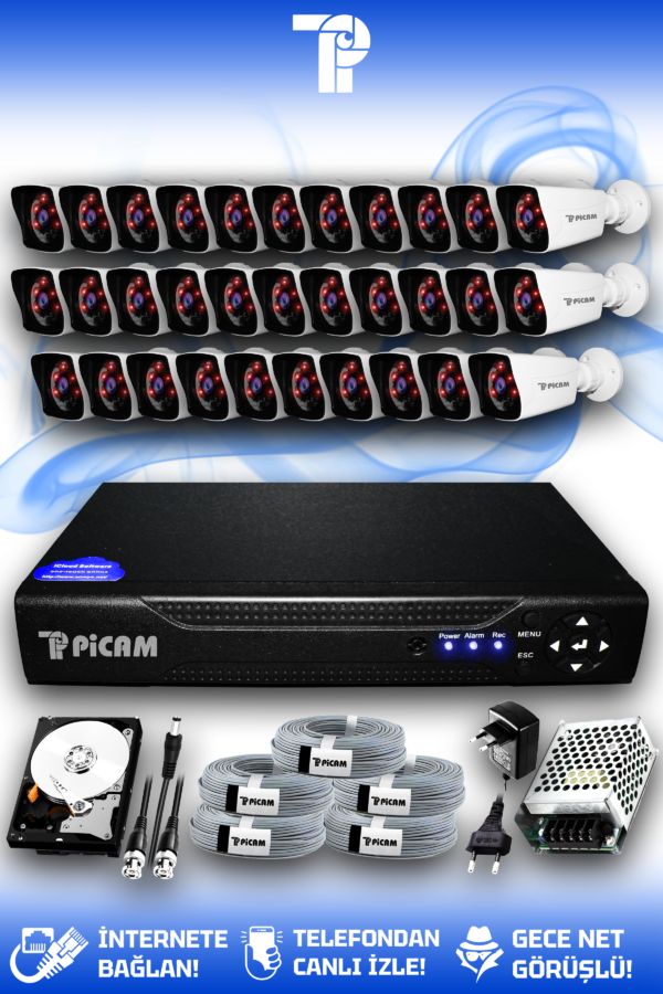 32 Kameralı Kare 32 Dış Kamera Set 100 GB HDD Full HD Gece Görüşlü Güvenlik Kamerası Sistemi