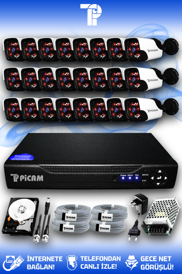 24 Kameralı Panda 24 Dış Kamera Set 1 TB HDD Full HD Gece Görüşlü Güvenlik Kamerası Sistemi