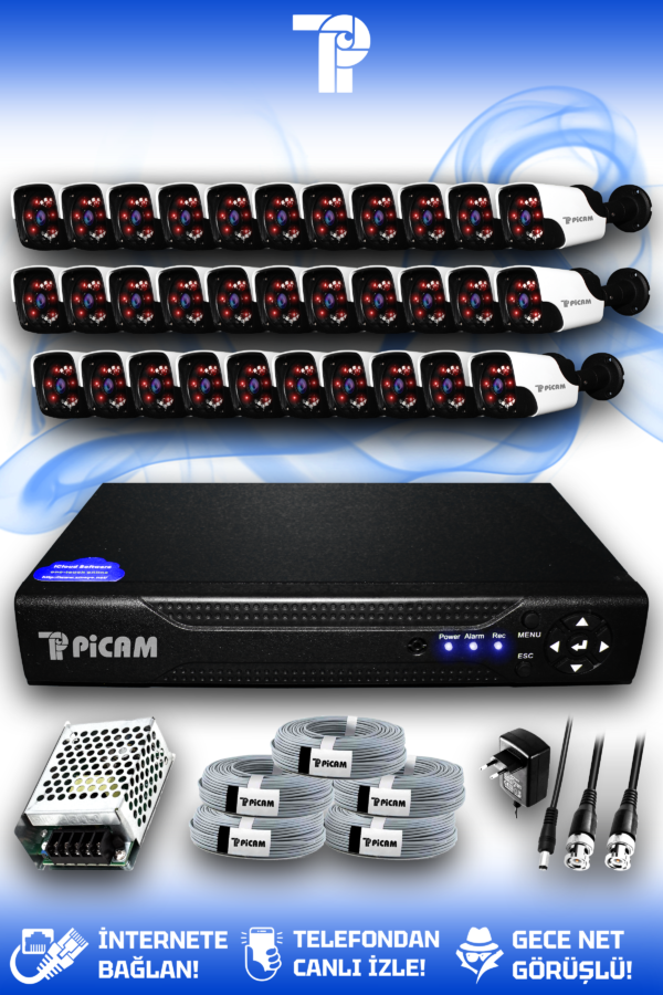 32 Kameralı Panda 32 Dış Kamera Set HDD'siz Full HD Gece Görüşlü Güvenlik Kamerası Sistemi