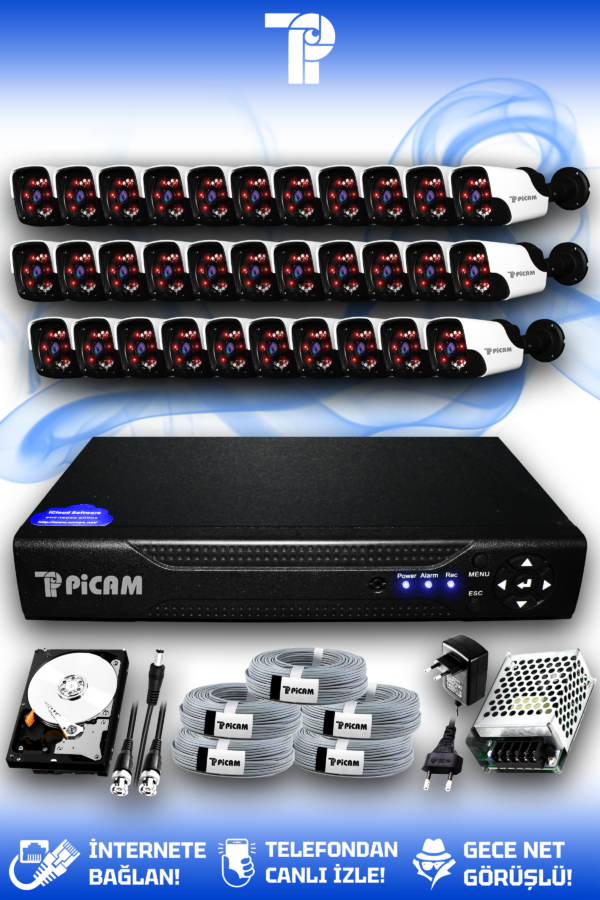 32 Kameralı Panda 32 Dış Kamera Set 2 TB HDD Full HD Gece Görüşlü Güvenlik Kamerası Sistemi