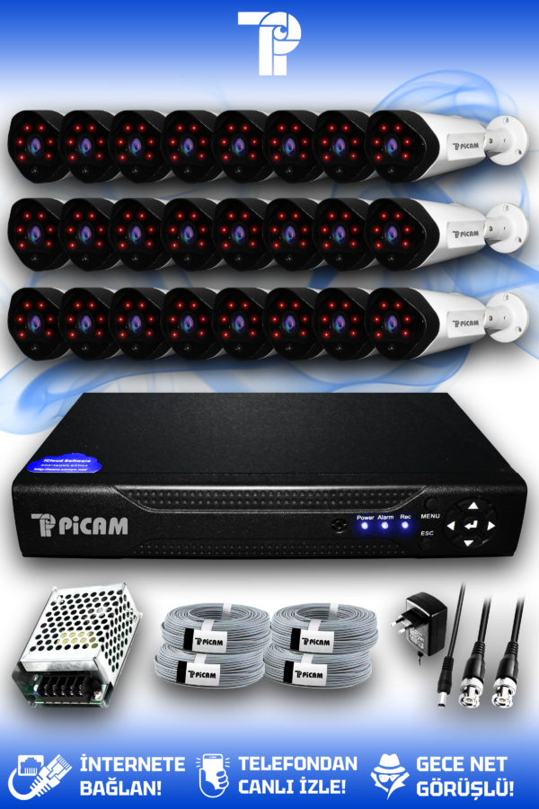 24 Kameralı Uzay 24 Dış Kamera Set HDD'siz Full HD Gece Görüşlü Güvenlik Kamerası Sistemi