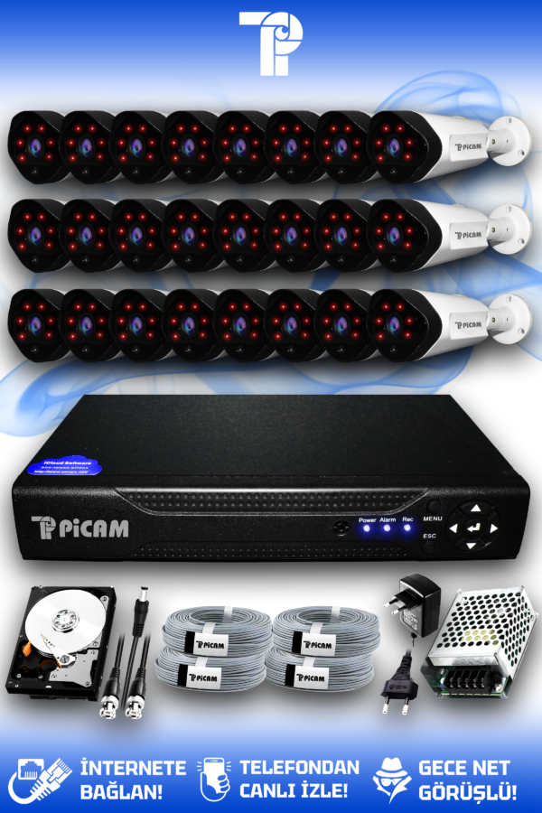 24 Kameralı Uzay 24 Dış Kamera Set 2 TB HDD Full HD Gece Görüşlü Güvenlik Kamerası Sistemi