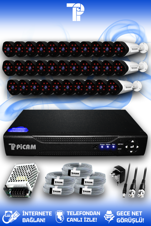 32 Kameralı Uzay 32 Dış Kamera Set HDD'siz Full HD Gece Görüşlü Güvenlik Kamerası Sistemi