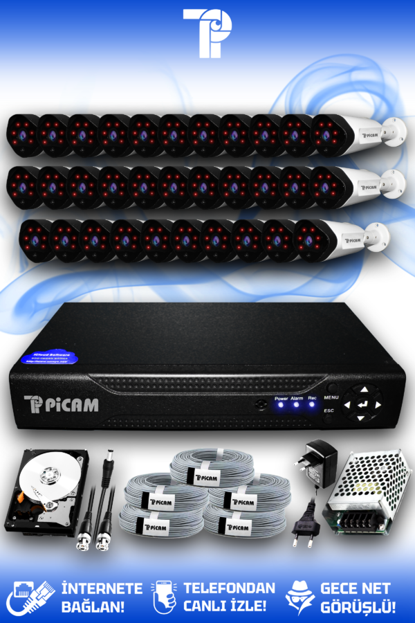 32 Kameralı Uzay 32 Dış Kamera Set 1 TB HDD Full HD Gece Görüşlü Güvenlik Kamerası Sistemi