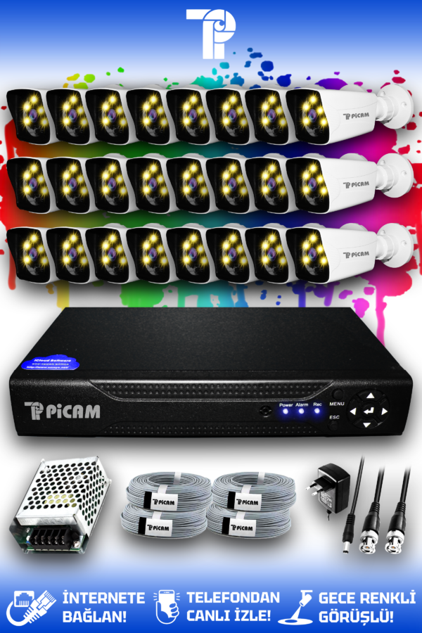 24 Kameralı Kare 24 Dış Kamera Set HDD'siz Full HD Renkli Gece Görüşlü Güvenlik Kamerası Sistemi