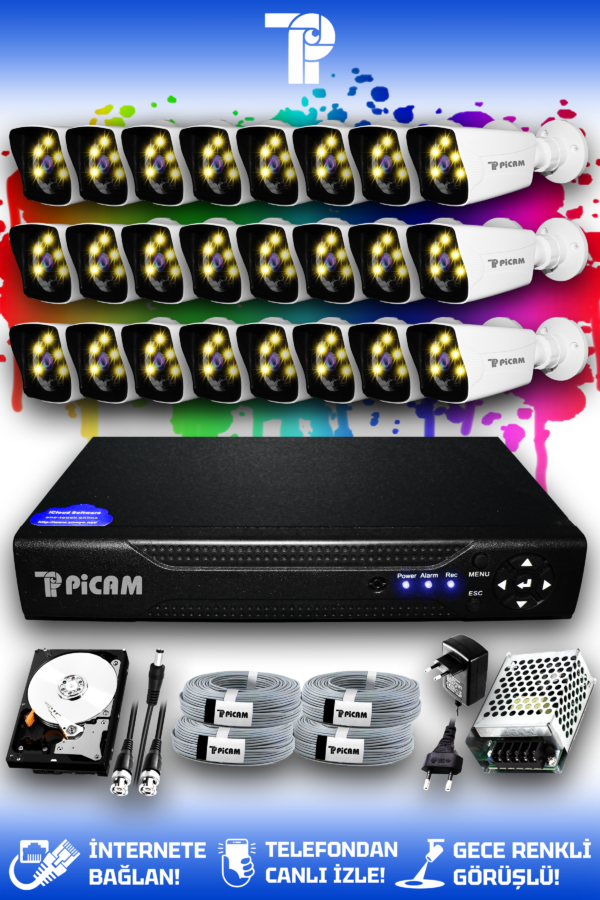24 Kameralı Kare 24 Dış Kamera Set 100 GB HDD Full HD Renkli Gece Görüşlü Güvenlik Kamerası Sistemi
