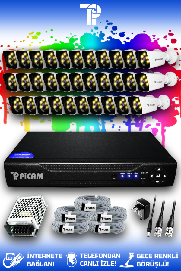 32 Kameralı Kare 32 Dış Kamera Set HDD'siz Full HD Renkli Gece Görüşlü Güvenlik Kamerası Sistemi