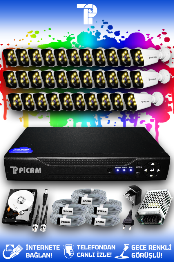 32 Kameralı Kare 32 Dış Kamera Set 100 GB HDD Full HD Renkli Gece Görüşlü Güvenlik Kamerası Sistemi