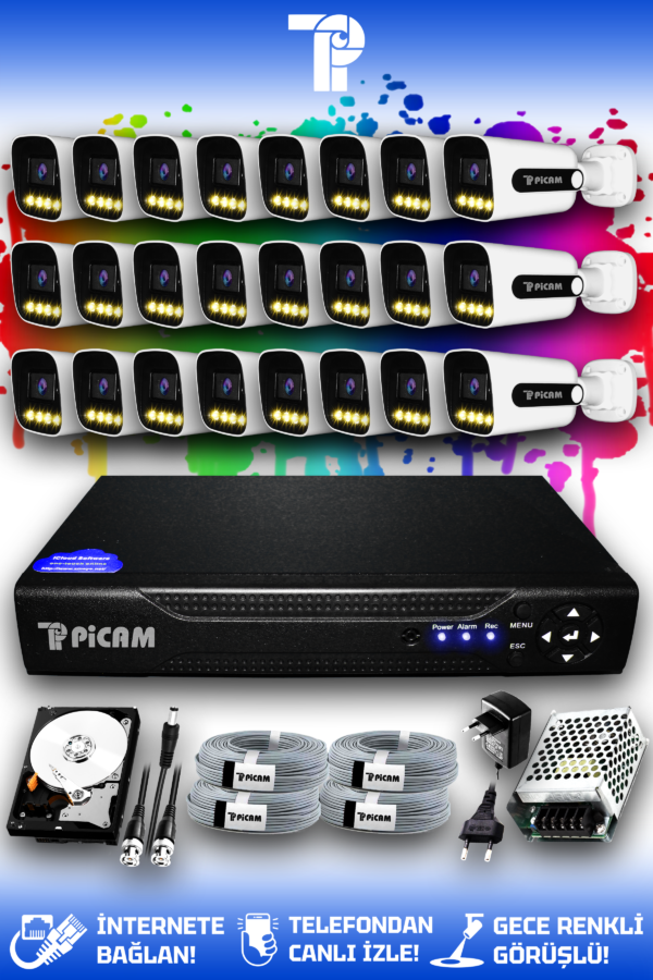 24 Kameralı Zebra 24 Dış Kamera Set 1 TB HDD Full HD Renkli Gece Görüşlü Güvenlik Kamerası Sistemi