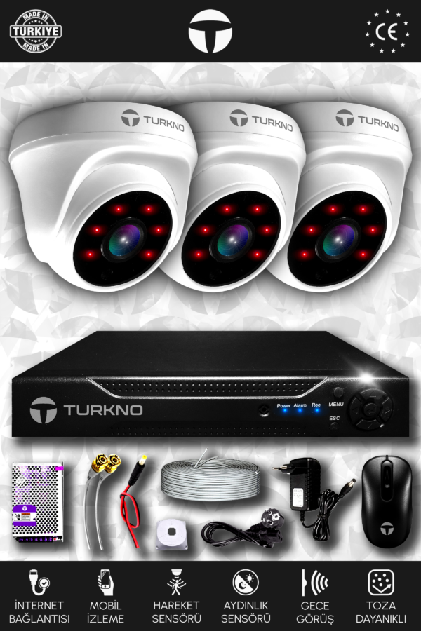 3 Kameralı Domia 3 İç Kamera Set HDD'siz Full HD Gece Görüşlü Güvenlik Kamerası Sistemi