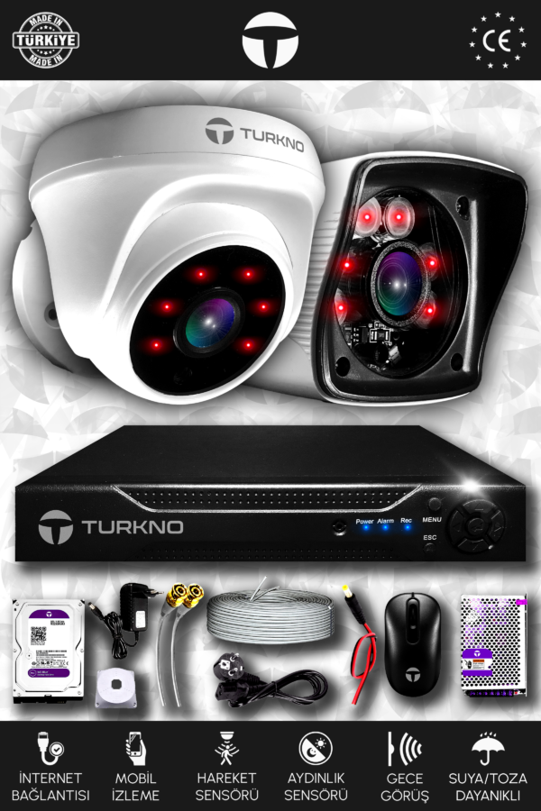 2 Kameralı Karia 1 İç Kamera Set 1 TB HDD Full HD Gece Görüşlü Güvenlik Kamerası Sistemi