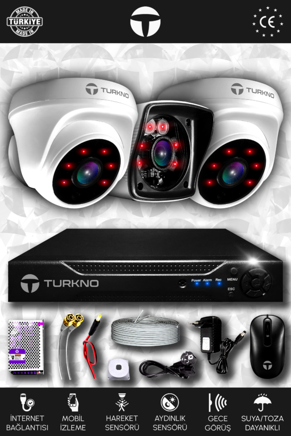 3 Kameralı Karia 2 İç Kamera Set HDD'siz Full HD Gece Görüşlü Güvenlik Kamerası Sistemi