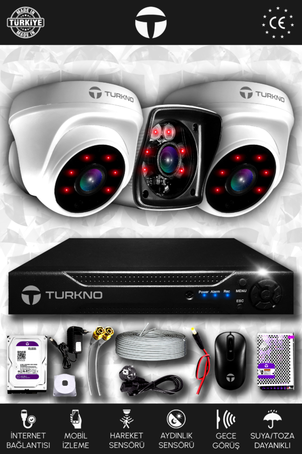 3 Kameralı Karia 2 İç Kamera Set 1 TB HDD Full HD Gece Görüşlü Güvenlik Kamerası Sistemi