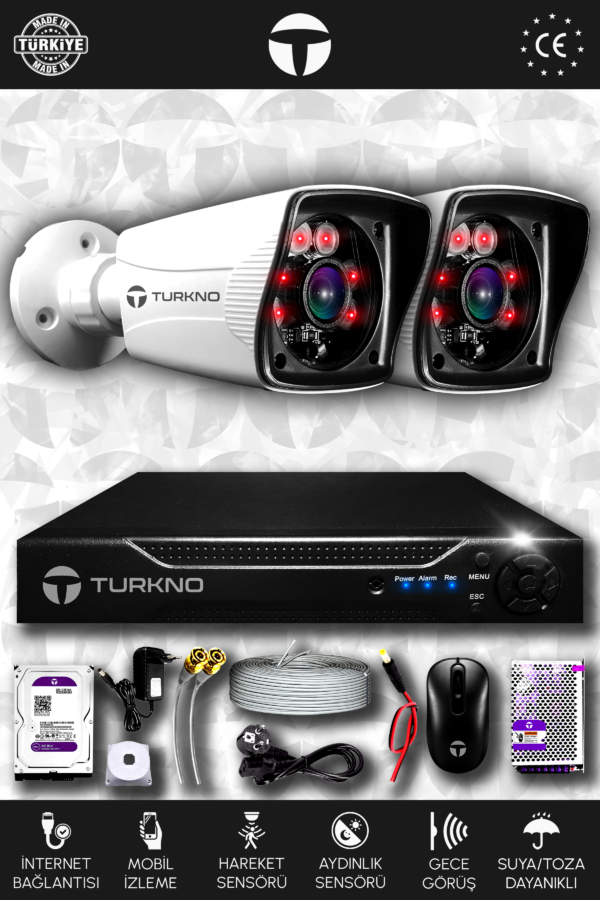 2 Kameralı Karia 2 Dış Kamera Set 250 GB HDD Full HD Gece Görüşlü Güvenlik Kamerası Sistemi