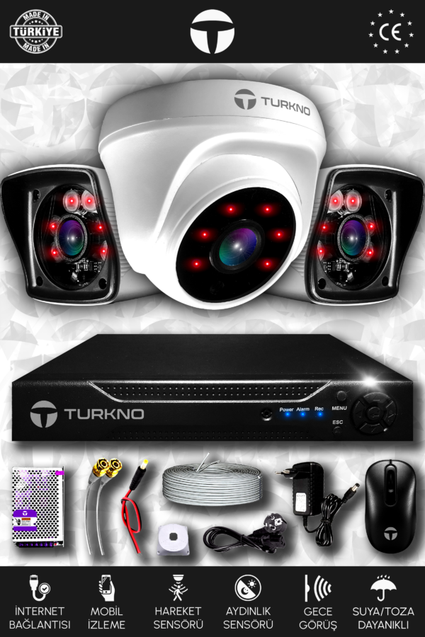 3 Kameralı Karia 1 İç Kamera Set HDD'siz Full HD Gece Görüşlü Güvenlik Kamerası Sistemi
